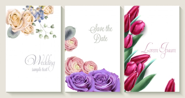 Vector wedding invitation card set with roses and tulip flowers