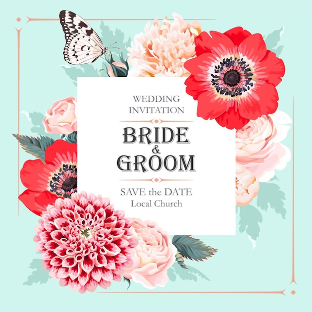 Vector wedding invitation with garden flowers