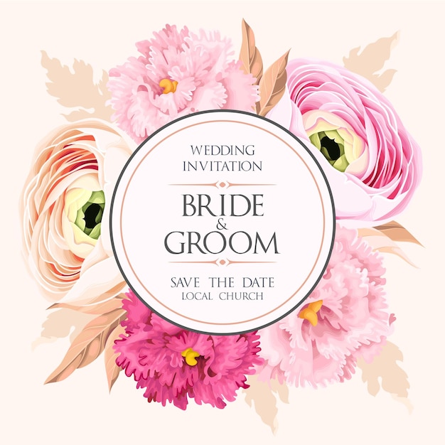 Vector wedding invitation with pastel flowers