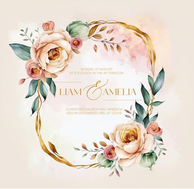 Vector wedding invitation with  watercolor floral  frame