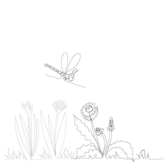 Vector on a white background drawing with one continuous line of flowers and plants