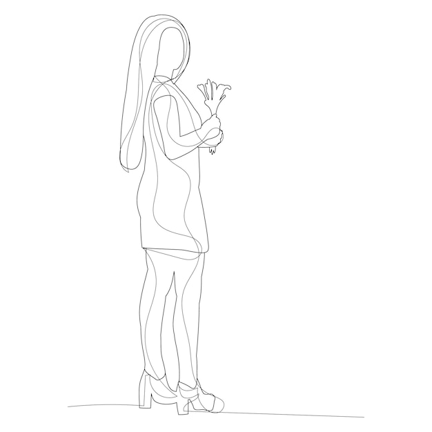 Vector on a white background line drawing of a girl with flowers