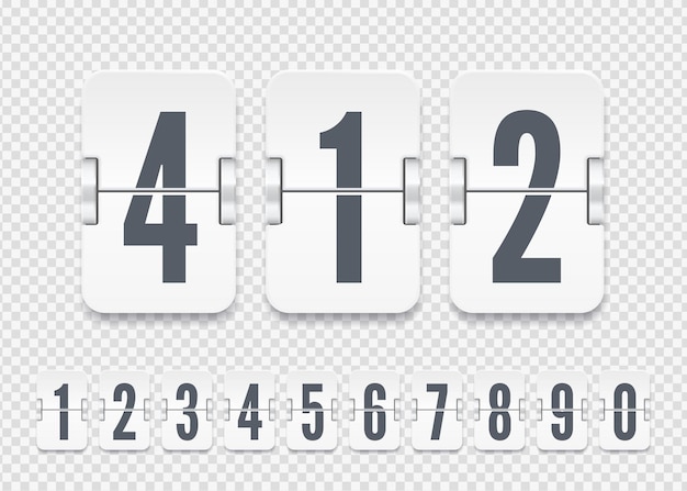 Vector white scoreboard numbers with shadows for flip countdown timer or calendar on transparent background. Template for your design.