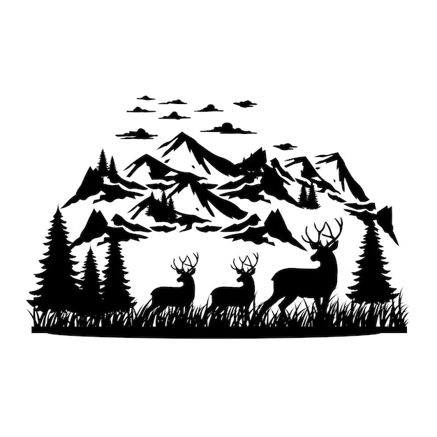 Vector wild animals silhouettes in green fir forest vector illustration