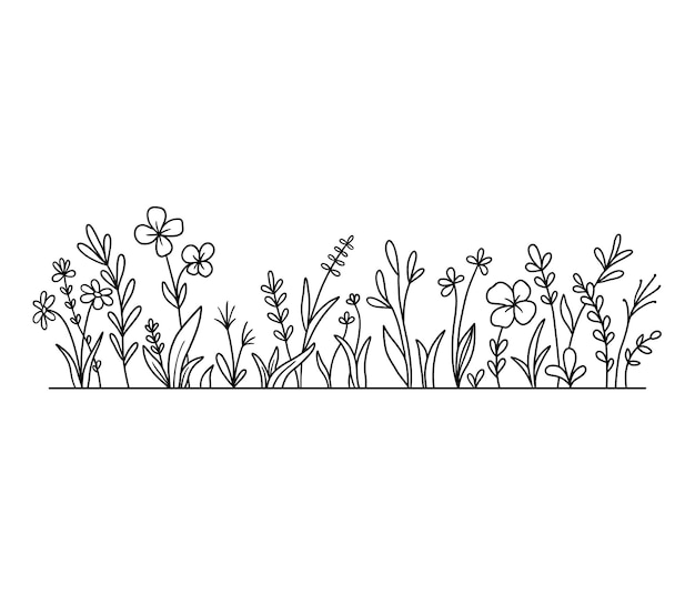 Vector wild herbs and flowers silhouette background Field with grass and wildflowers isolated