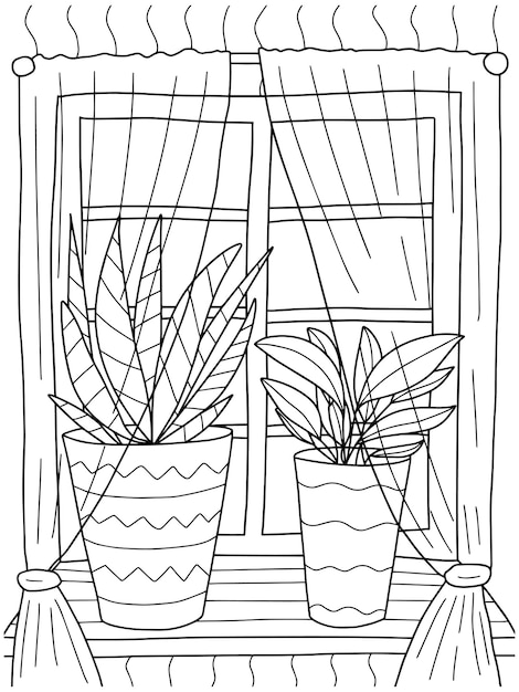 Vector window with houseplants coloring page Cute window with curtains and plants colouring page