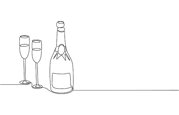 Vector wine bottle and glass one line continuous drawing illustration Hand drawn linear silhouette