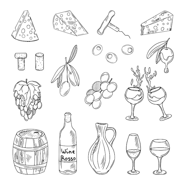 Vector wine elements Bottle cheese grape vine cork corkscrew olives grapes olives isolated