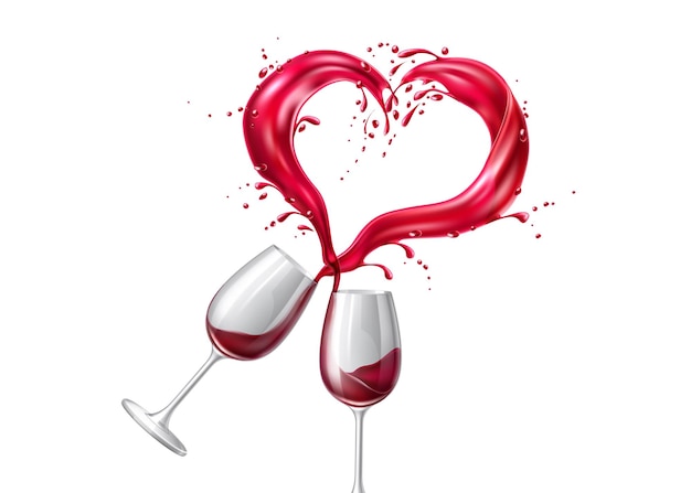 Vector wine glasses toasting with red heart shape splash liquid explosion