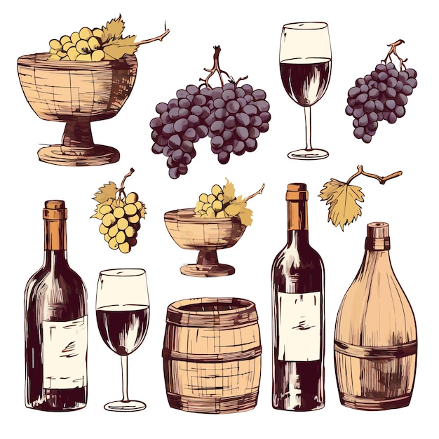 Vector winery design elements set icon eps10 Vector alcoholic beverage obtained by the complete or partial fermentation of fresh grapes icon eps10