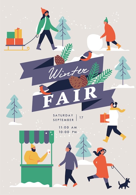 Vector vector winter fair poster, flyer or banner or banner template with people enjoying their time outdoors in park. christmas holiday season recreation and public event.