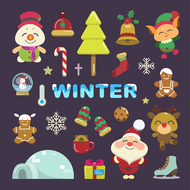 Vector of winter item set. Cute cartoon for Christmas event.