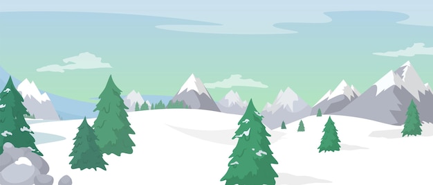 Vector winter seamless mountain with woodland background Snowy landscape with hills and forest Christmas poster Touristic scenery illustration