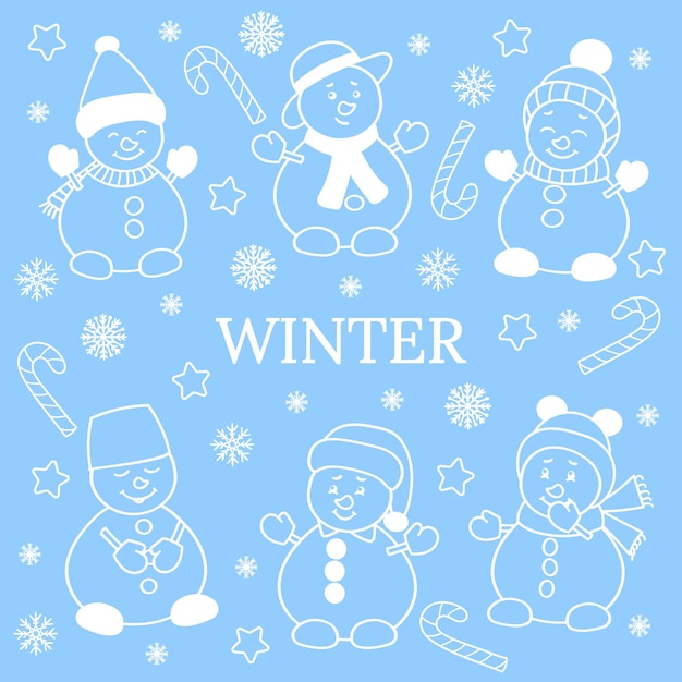 Vector winter set with cute Christmas snowmen, white outline on light blue background