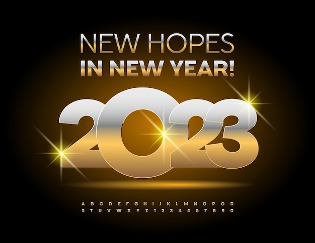 Vector wishing card New Hopes in New Year 2022! Gold Alphabet Letters and Numbers set, Metal Font