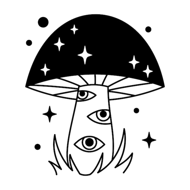 Vector witchy magical mushroom with stars and eyes in black color Outline magic mushroom and grass Fairytale esoteric mushroom