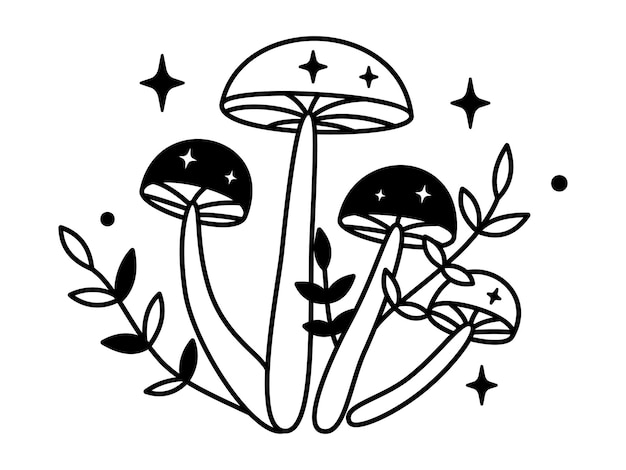 Vector witchy mystical mushrooms with stars in black color Outline magic mushrooms and leaves Fairytale esoteric mushroom bundle