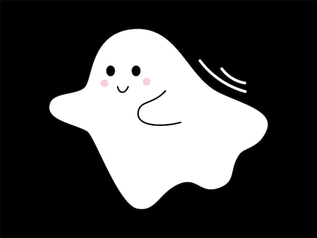 Vector with cute smiling ghost Flying spirit in flat design White phantom on black background Doodle ghost Halloween