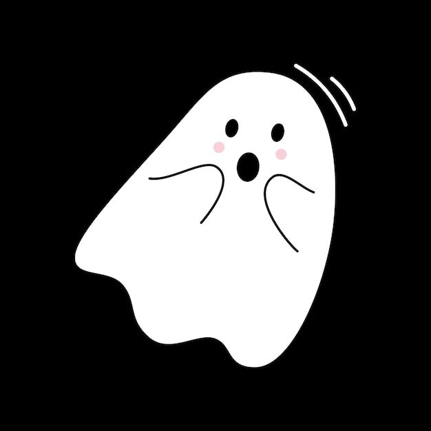 Vector with cute surprised ghost Flying spirit in flat design White phantom on black background Doodle ghost Halloween