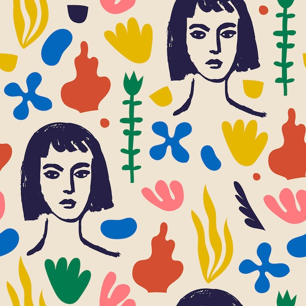 Vector woman art seamless pattern background Matisse inspired hand drawn contemporary women portraits flowers and abstract shapes for print wall art decor retro style collage