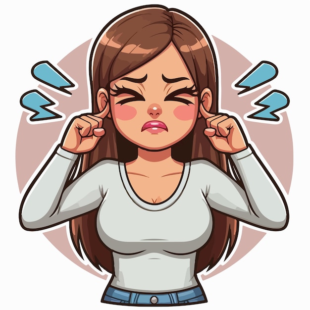 Vector woman covering ears with hand cartoon illustration