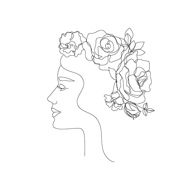 Vector woman face line art illustration logo with flowers and leaves feminine nature concept Use for prints tattoos posters textile logotypes cards etc Monoline continuous line