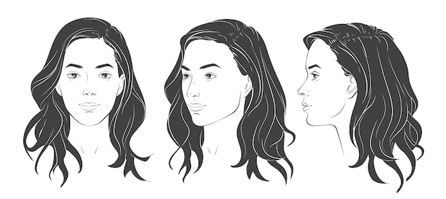 Vector woman face Set of three different angles Different view front profile threequarter of a girl face