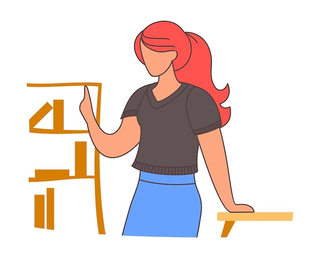 Vector woman in flat style icon Female charakter leans on the table indoors with a bookcase Girl shows stop gesture or holds a greetings hand Businesswoman or student office worker or employee