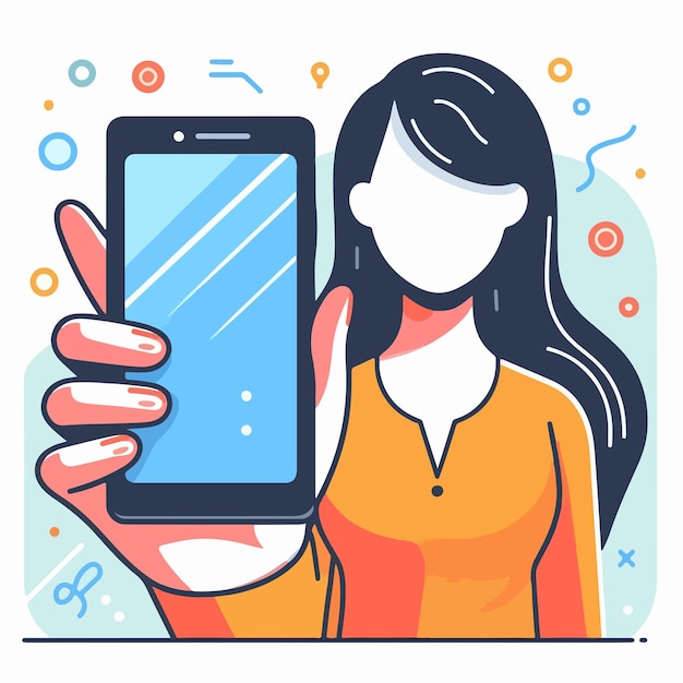 Vector woman holding and showing smartphone cartoon illustration