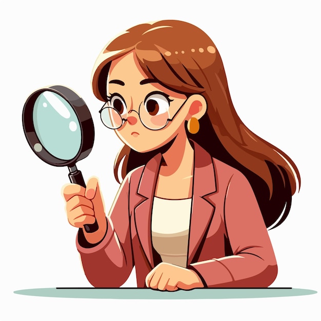 Vector woman looking for something with a magnifying glass