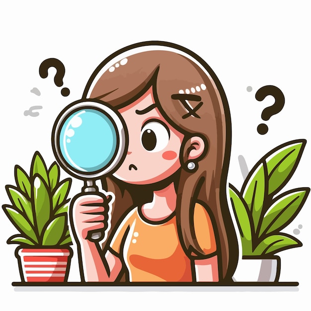 Vector woman looking for something with a magnifying glass