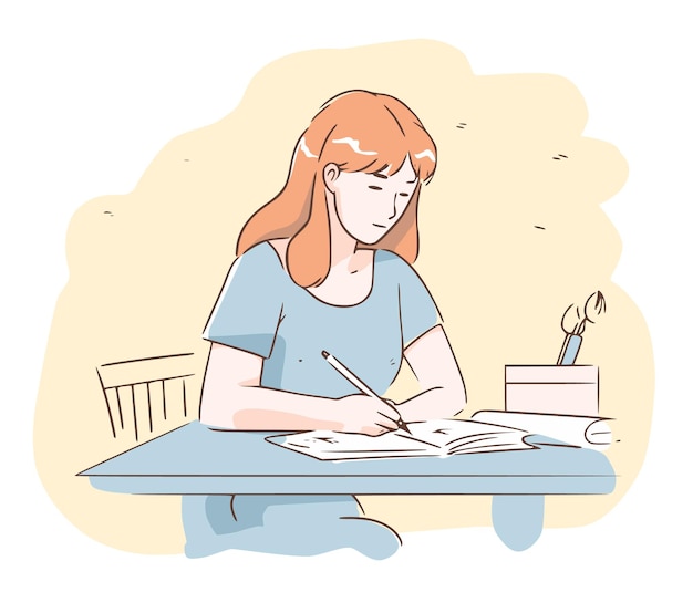 Vector woman writing on table while thinking good idea