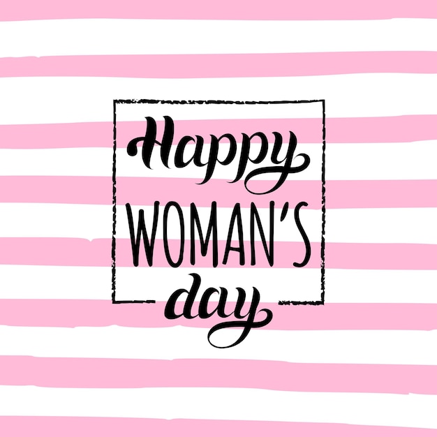 Vector Womans day handwritten lettering card. Vintage curly calligraphy Happy 8 of March on stripe pink background.