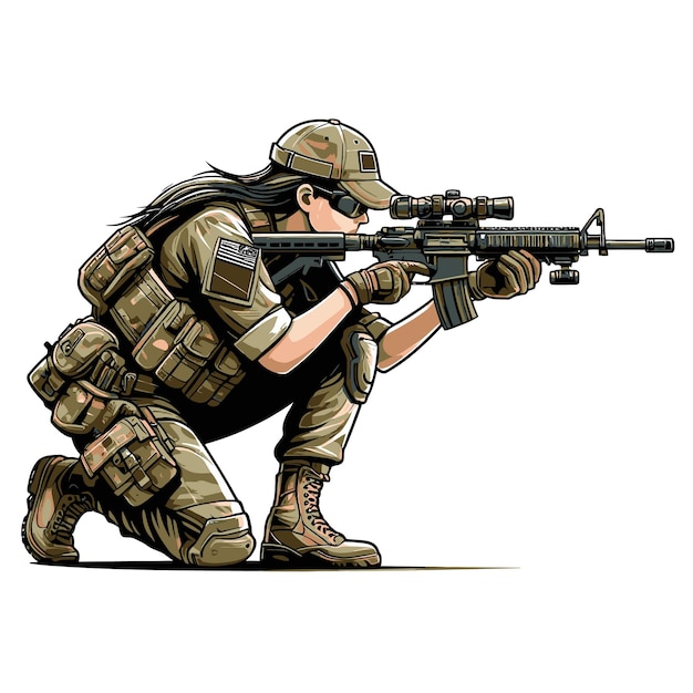 vector women army tactical soldier shoot pose illustration design