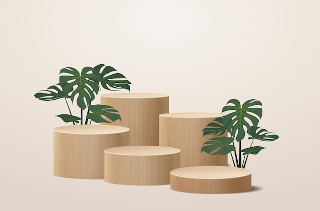 Vector wood podium presentation mock up Wooden show cosmetic product display stage pedestal design with nature leaves