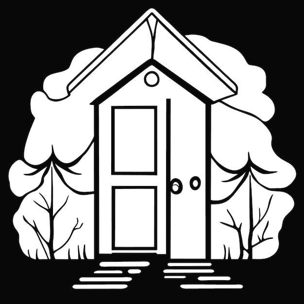 A vector of a wooded house open door and drawing of a house with a tree in the front