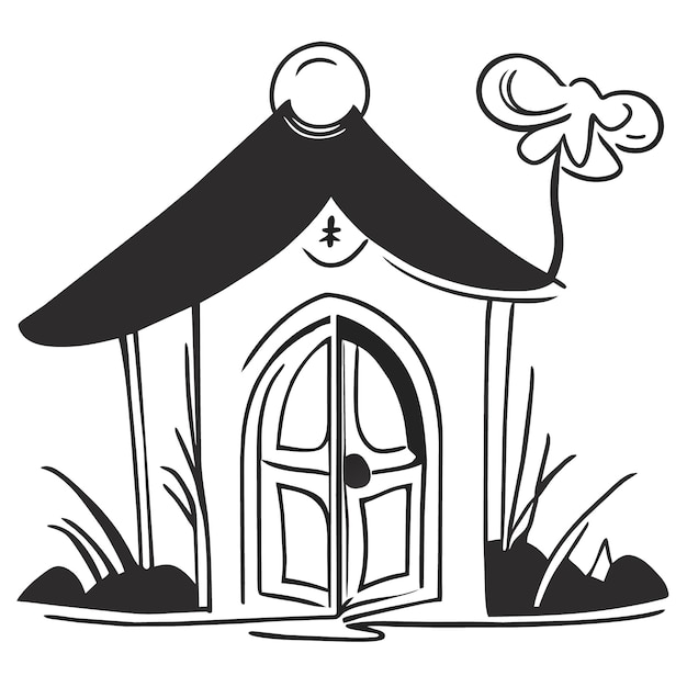 A vector of a wooded house open door and drawing of a house with a tree in the front