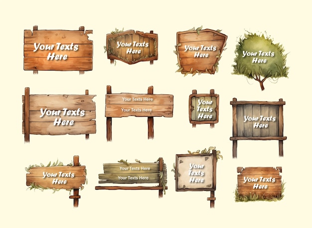 Vector Wooden Sign board Watercolor style realistic Clipart Bundle