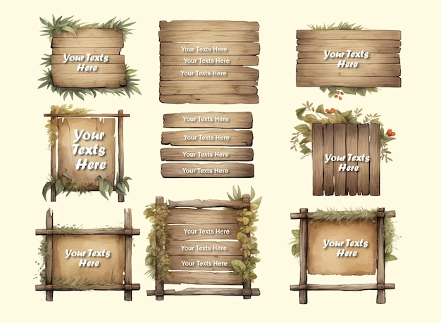 Vector Wooden Sign board Watercolor style realistic Clipart Bundle