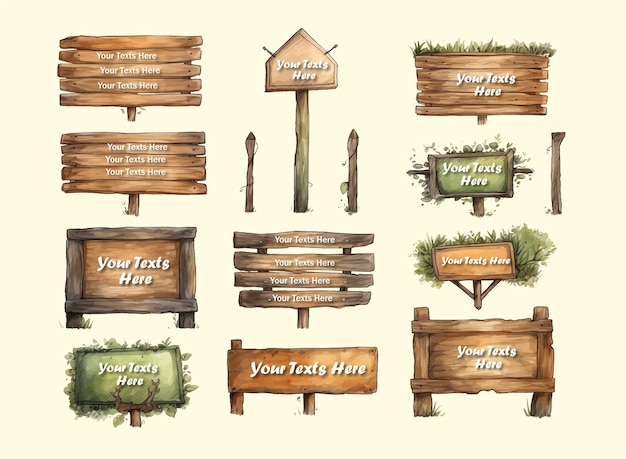 Vector Wooden Sign board Watercolor style realistic Clipart Bundle