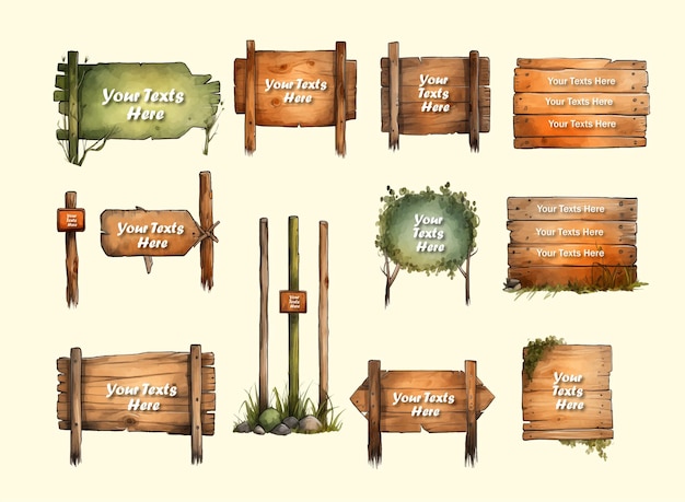 Vector Wooden Sign board Watercolor style realistic Clipart Bundle