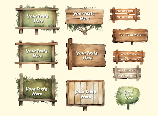 Vector Wooden Sign board Watercolor style realistic Clipart Bundle