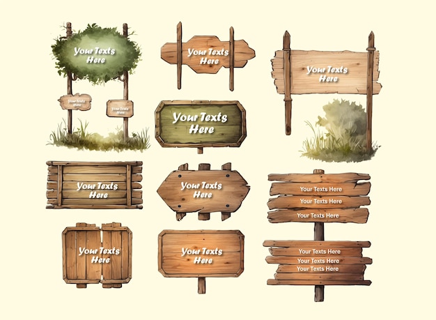 Vector Wooden Sign board Watercolor style realistic Clipart Bundle