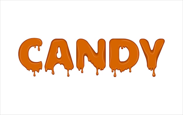 Vector word made of melted and flowing candy Letters with blots drops splashes and blobs Glossy typeface Text of orange liquid drops isolated on white background