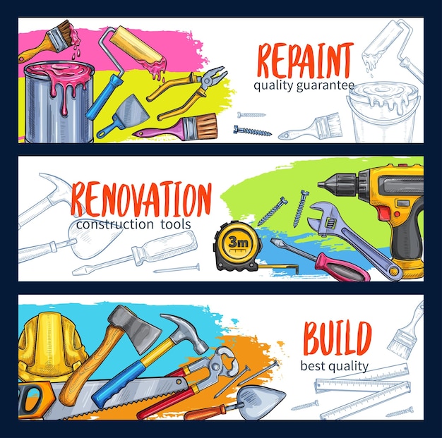 Vector work tools home repair sketch banners