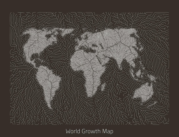 Vector world map Generative growth structure in form of continents Organic texture with geographic silhouettes Africa centered