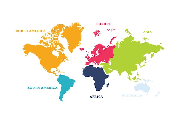 Vector World map with continent in different color flat design