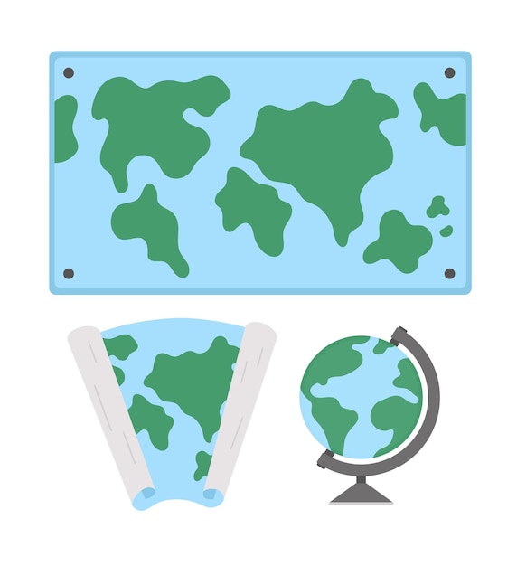 Vector world maps and globe illustration. Classroom signs collection