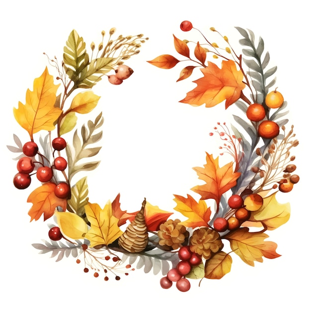 Vector wreath of autumn leaves and fruit in watercolor style Beautiful round wreath of yellow and red leaves acorns berries cones and branches Decor for invitations greeting cards posters