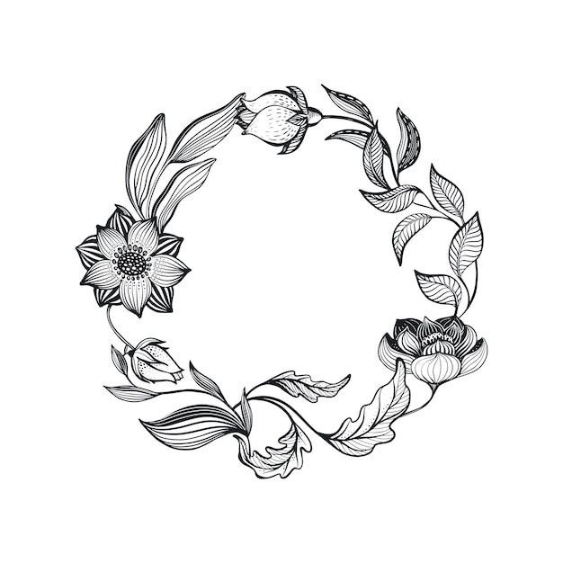 Vector wreath of doodle flowers and leaves Romantic elegant floral frame